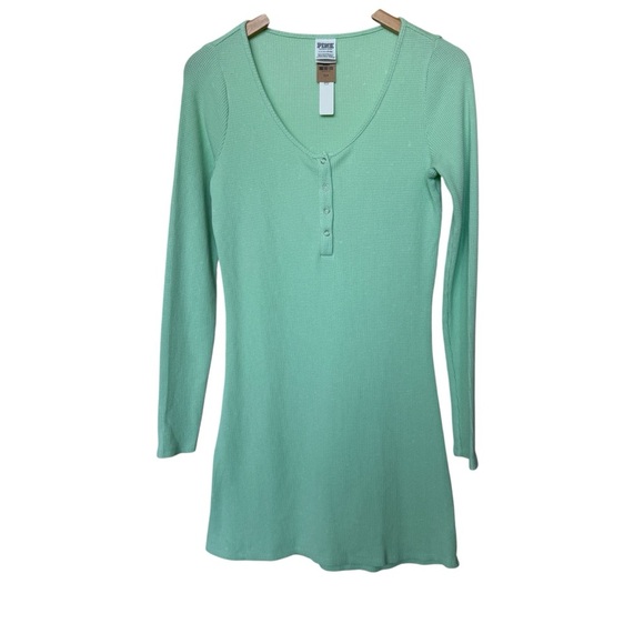 PINK Victoria's Secret Women's Small Green Waffle Knit V-Neck Dress Long Sleeve - Picture 1 of 8